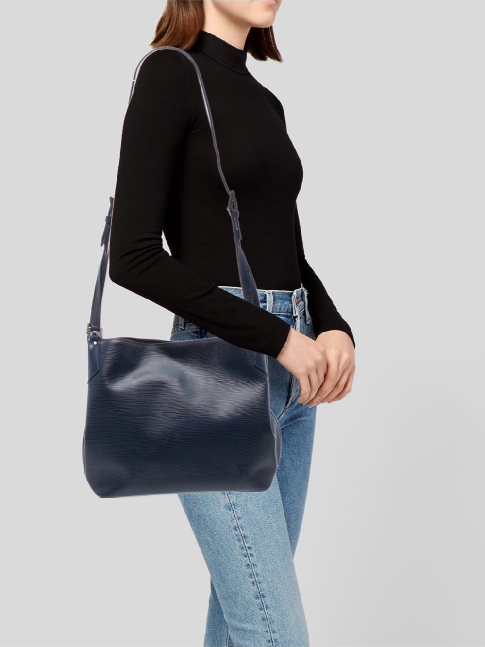 Authentic Louis Vuitton Blue Epi Leather Mandara MM Adjustable Shoulder Tote Bag